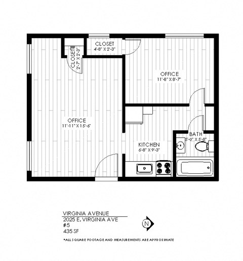 Floor plan for 1 bed, 1 bath, 435 sqft